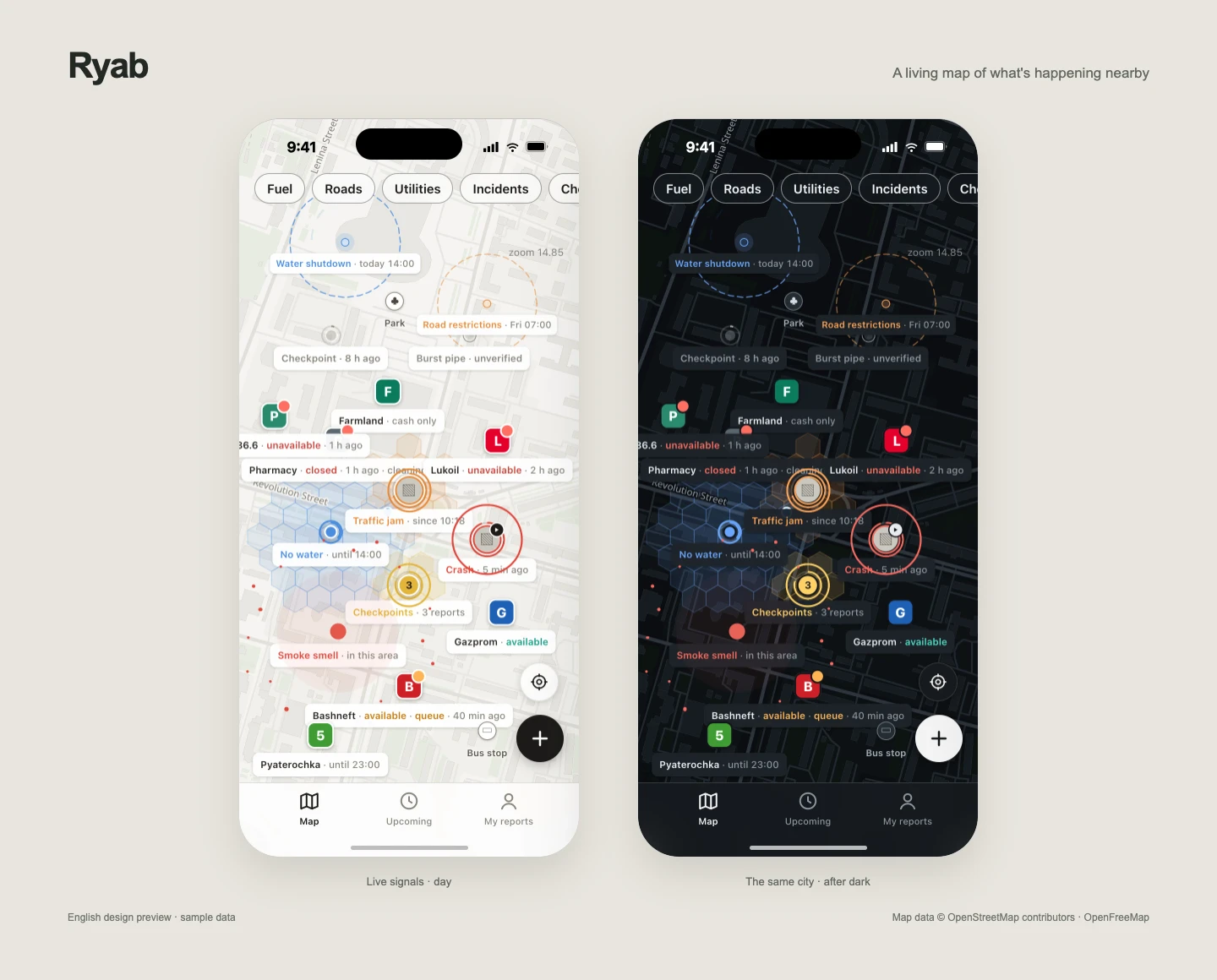 English Ryab design previews: day and night city maps with event markers, category filters and local reports.